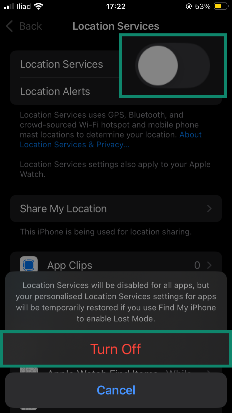 Privacy and Security settings screen with Location Services open and the "Turn Off" option highlighted.