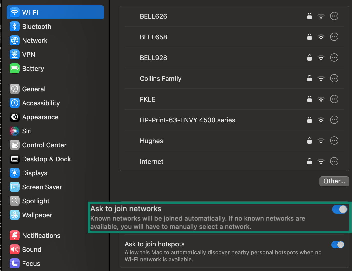 Mac Wi-Fi tab with Ask to join networks toggle highlighted.