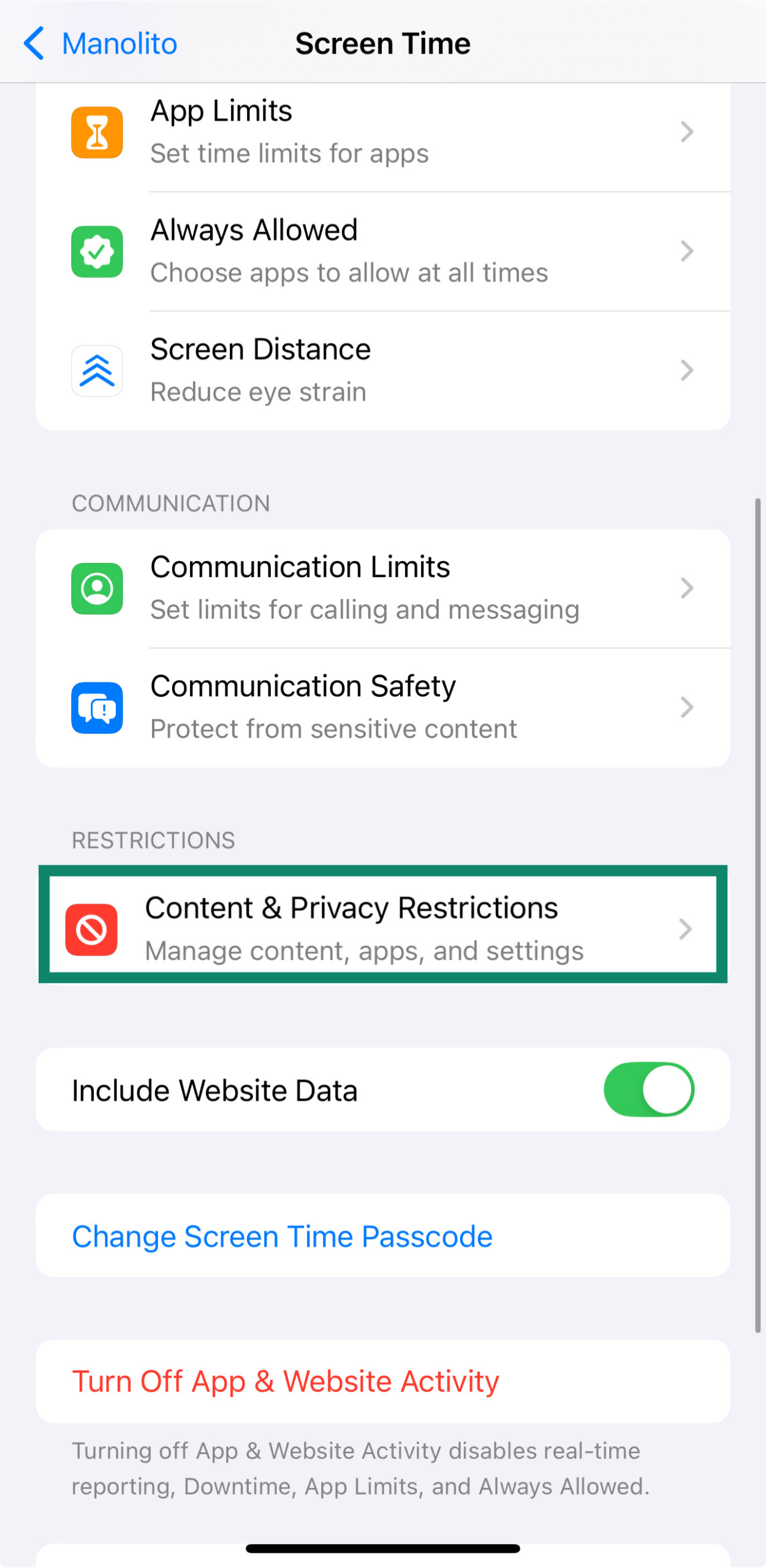 Content & Privacy Restrictions screen on iPhone