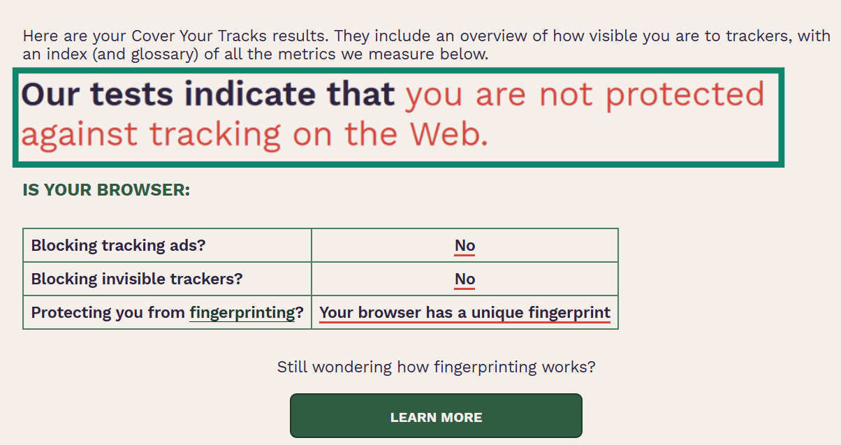 A failed tracker protection test.