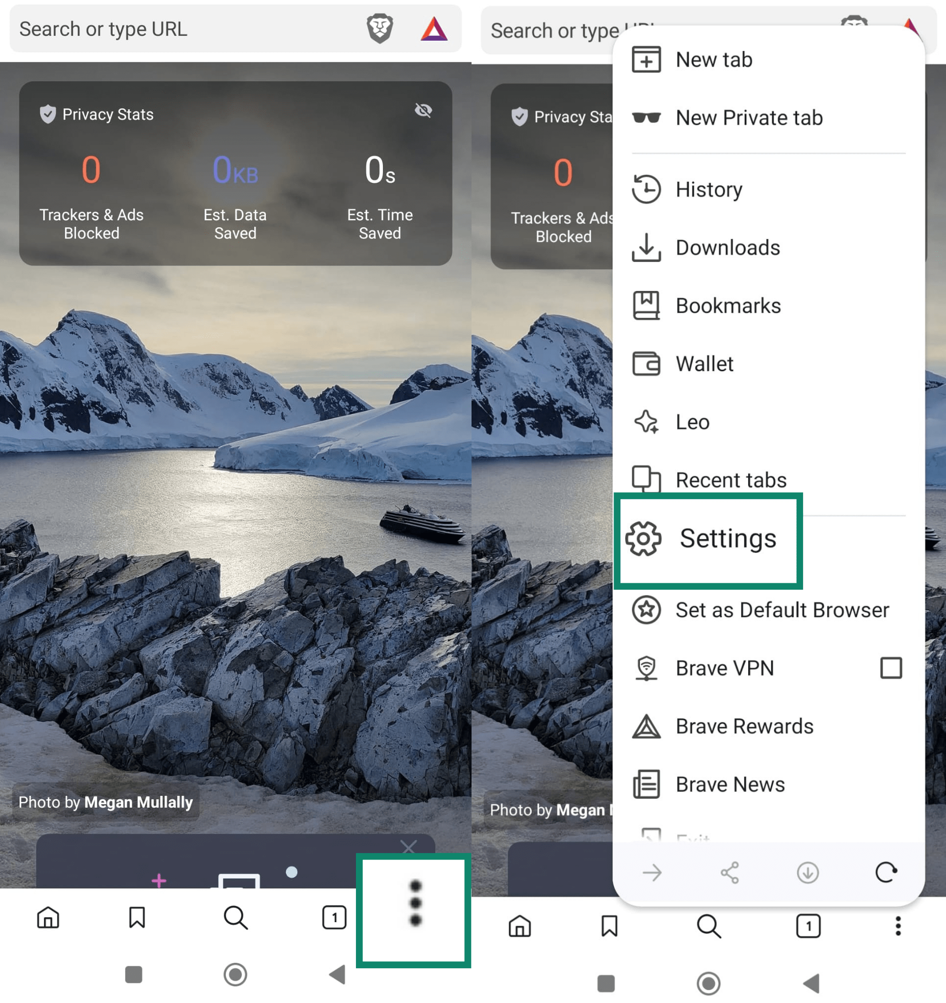 Brave browser on Android with the three-dot menu and "Settings" option highlighted.