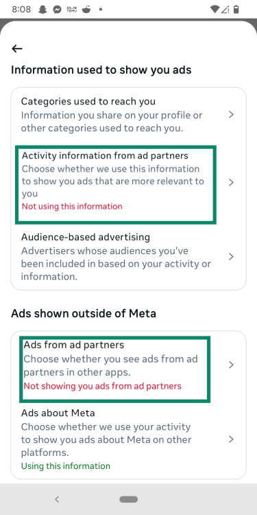 Turning off personalized ads on Meta.