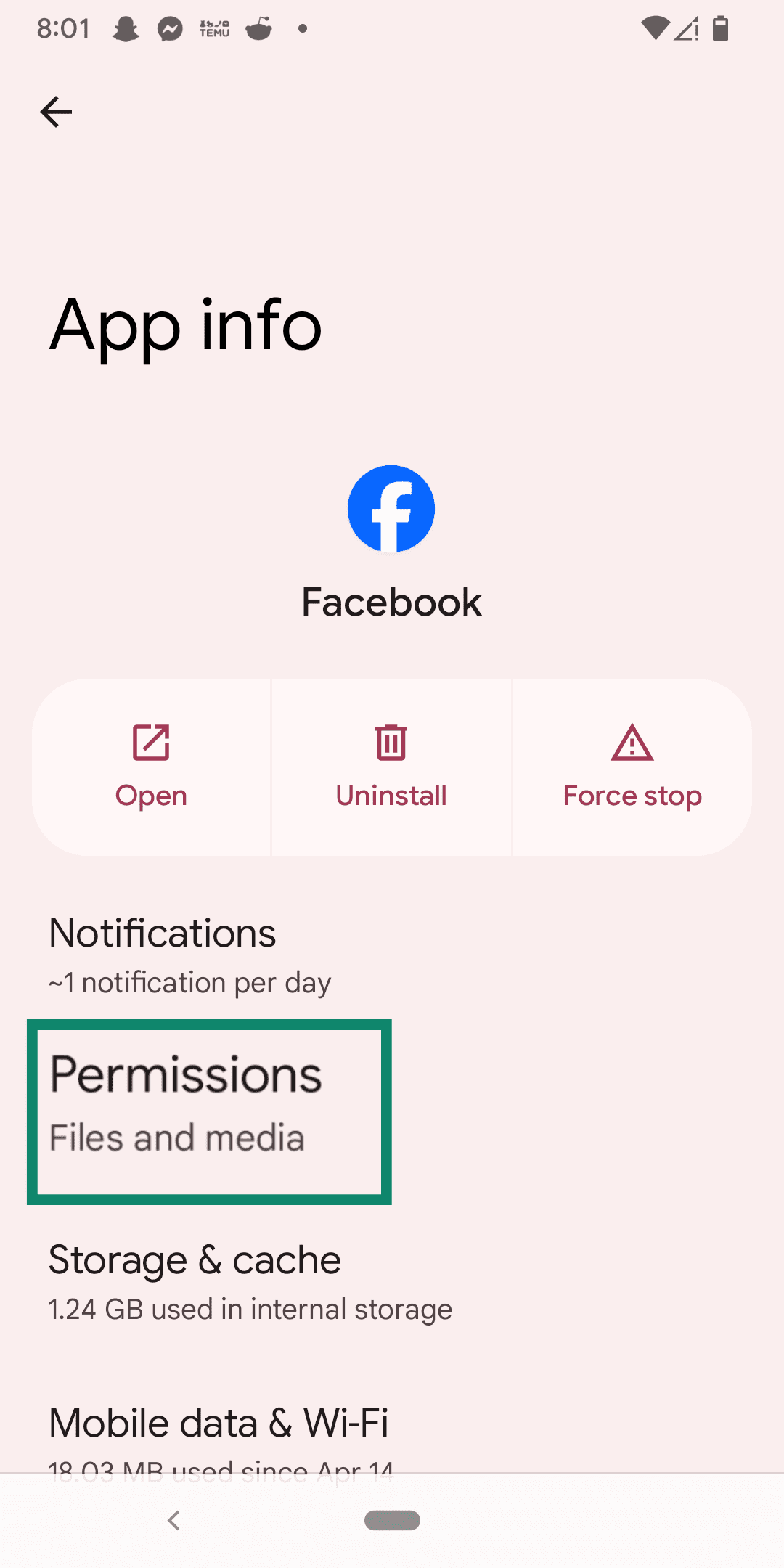 The Facebook Permissions settings.