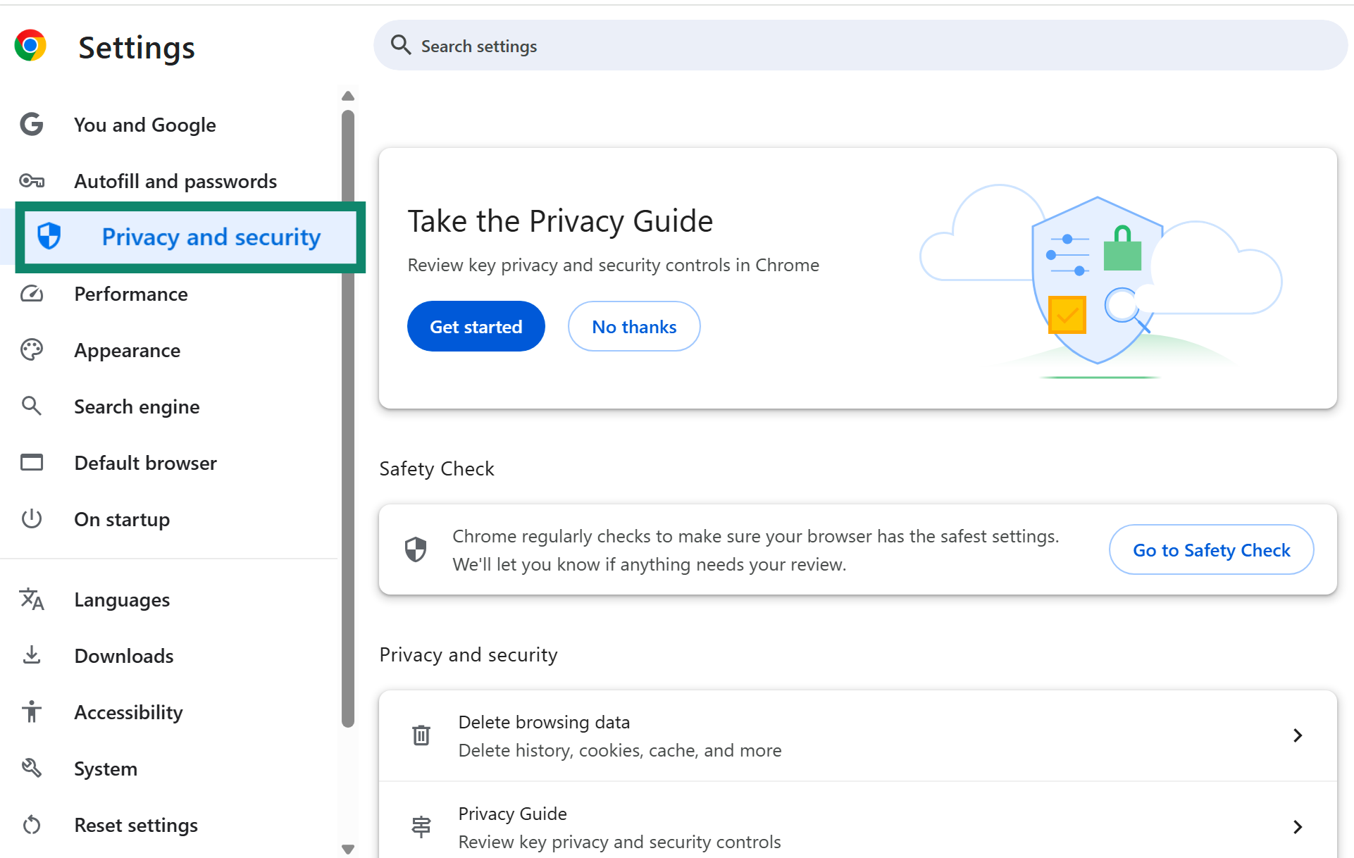 Chrome settings screen showing Privacy and security tab highlighted in the sidebar.
