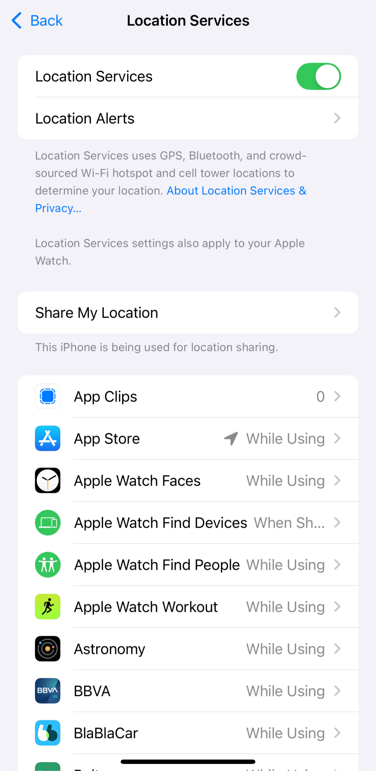 Location Services settings with app-level permissions on iPhone