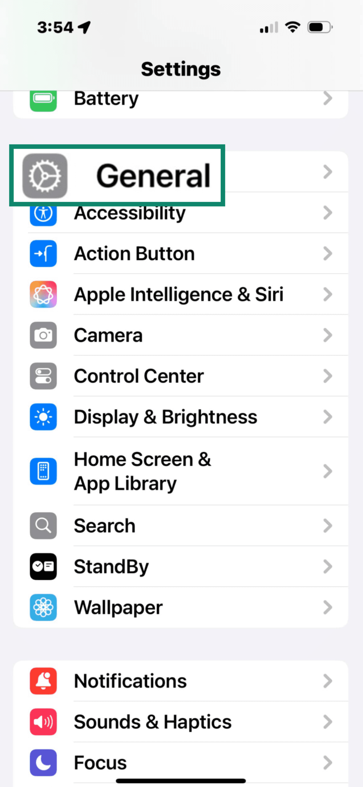 iPhone Settings menu with General settings highlighted.