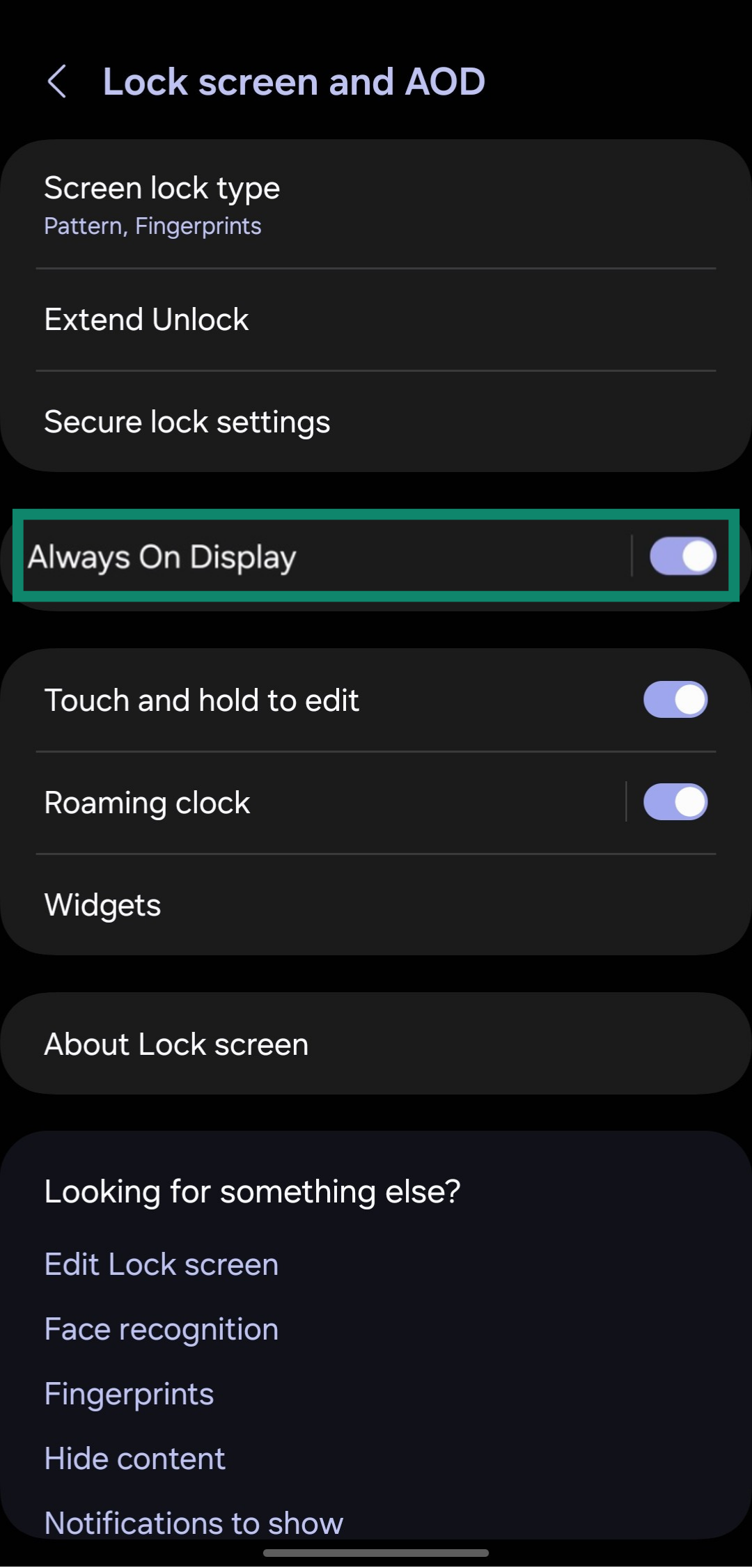 Toggling the Always On Display feature in a Samsung phone through the settings menu