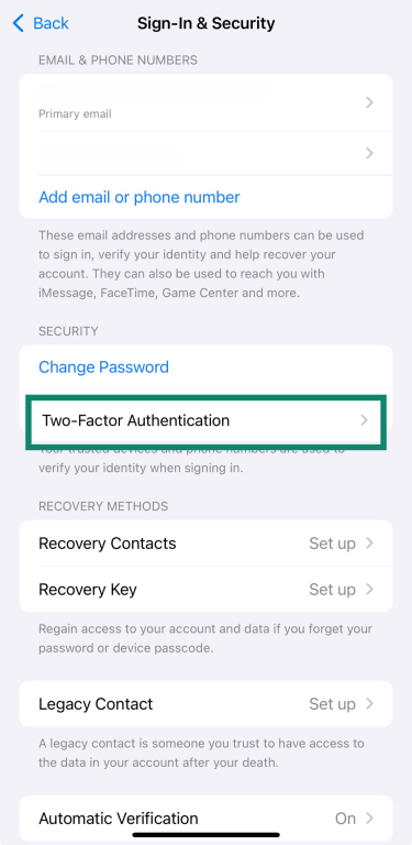 iPhone screen with Two-Factor Authentication option in Sign-In & Security