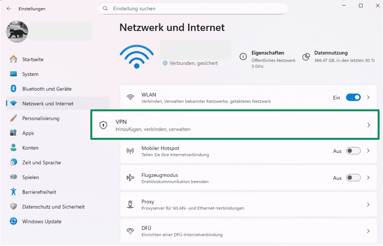 The Network & internet menu of the Settings app, showing the VPN option.