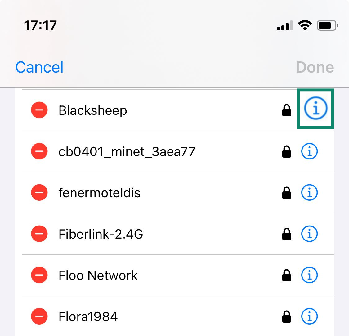 The list of available Wi-Fi networks on an iPhone.
