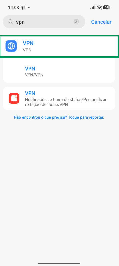 A screenshot of an Android phone, showing the VPN menu option in the Settings.