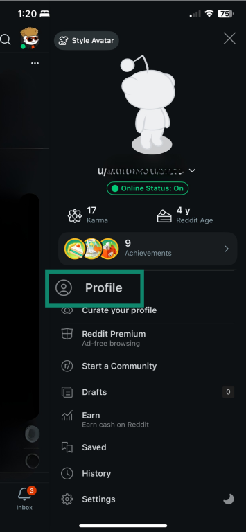 Reddit mobile app screen showing profile icon.