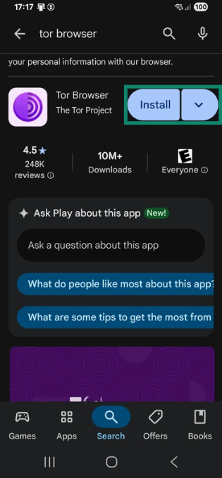 The Tor Browser page in the Google Play Store.