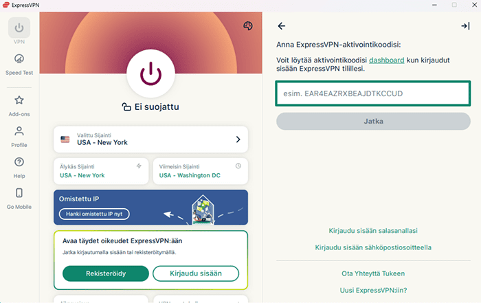 ExpressVPN's Windows app, showing the activation code placeholder.
