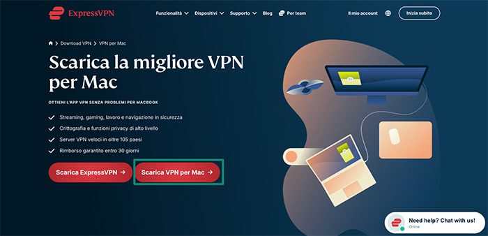 ExpressVPN download page for the Mac app, with a highlighted "Download Mac VPN" button.