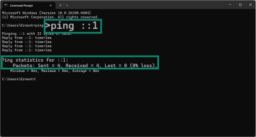 A Windows Command Prompt interface highlighting the command to ping an IPv6 loopback address as well as the response.