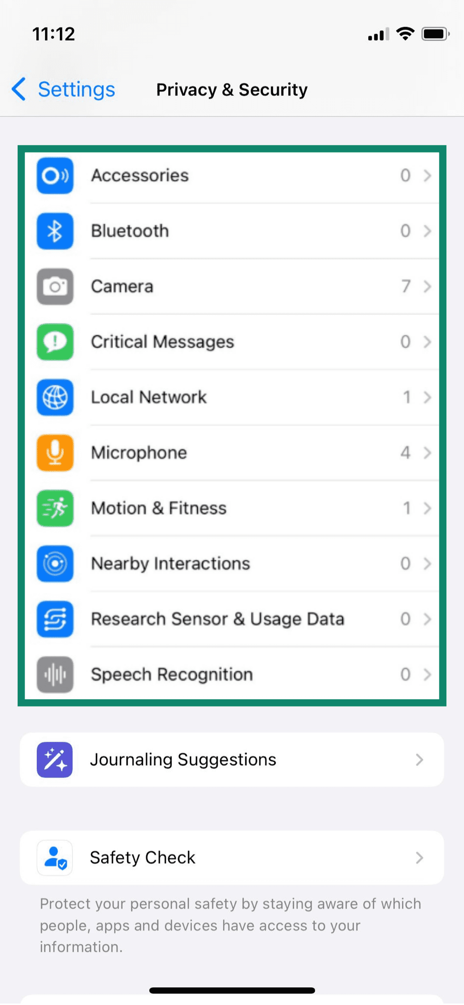 The Bluetooth, Camera, Microphone, etc. settings on an iPhone.