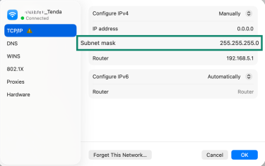 The "TCP/IP" tab on Mac, highlighting the "Subnet mask" field.