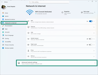 Windows 11 Settings app, showing how to access advanced network settings.
