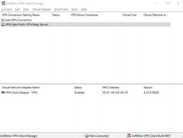 SoftEther VPN Client Manager main screen with VPN Gate Public VPN Relay Servers selected.