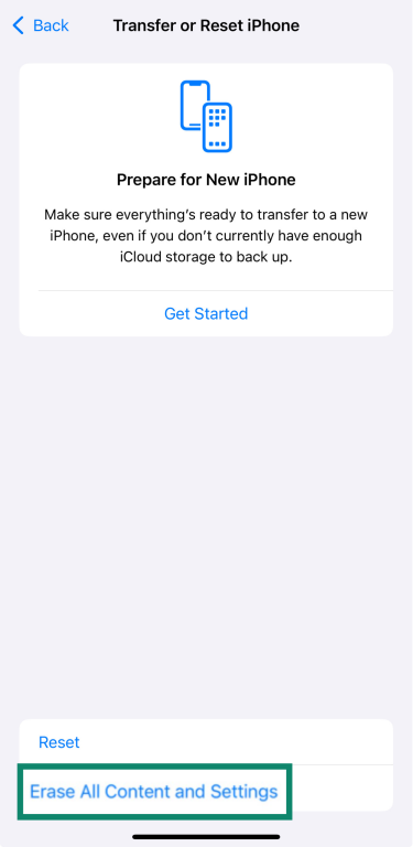 iPhone Settings showing Transfer or Reset iPhone menu with Erase All Content and Settings option highlighted.