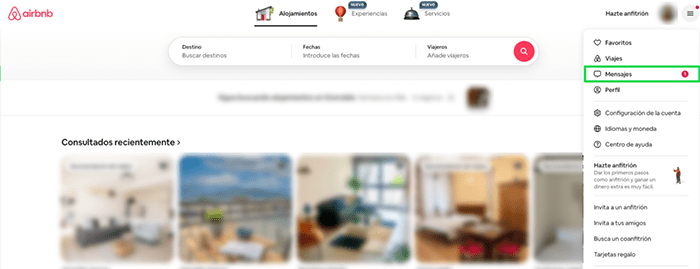 Airbnb home screen showing Messages button.