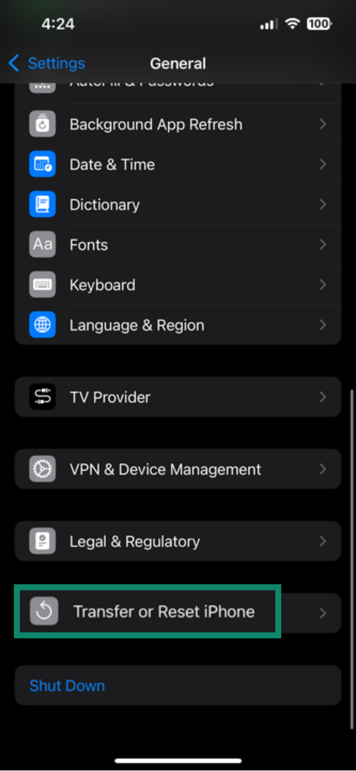 Screenshot with the option to Transfer or Reset iPhone