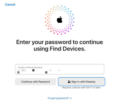 The login screen for the iCloud Find Devices page.