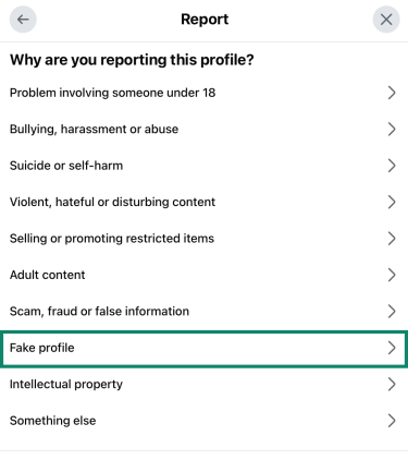 Facebook's "Why are you reporting this profile" window, with the "Fake profile" option highlighted.