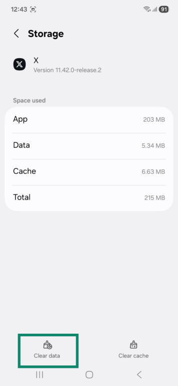 Storage screen on Android, showing the "Clear data" option highlighted.