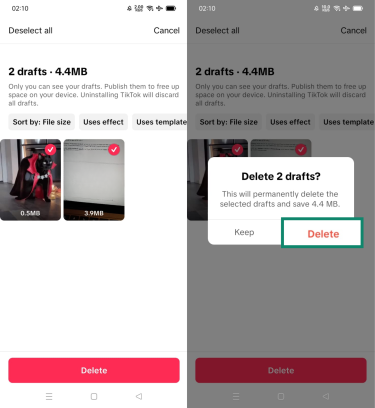 TikTok drafts selected for deletion and confirmation pop-up with Delete button highlighted.