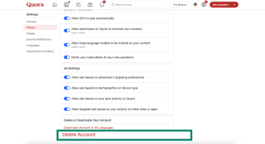 Quora Delete or Deactivate Your Account section in Privacy settings.