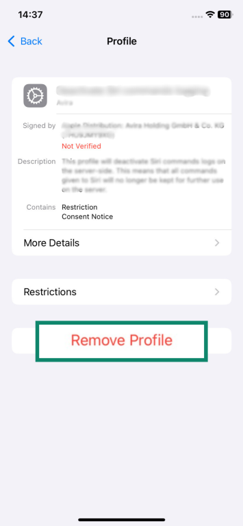Screenshot of an iPhone showing iOS profile settings, with the “Remove Profile” option highlighted.