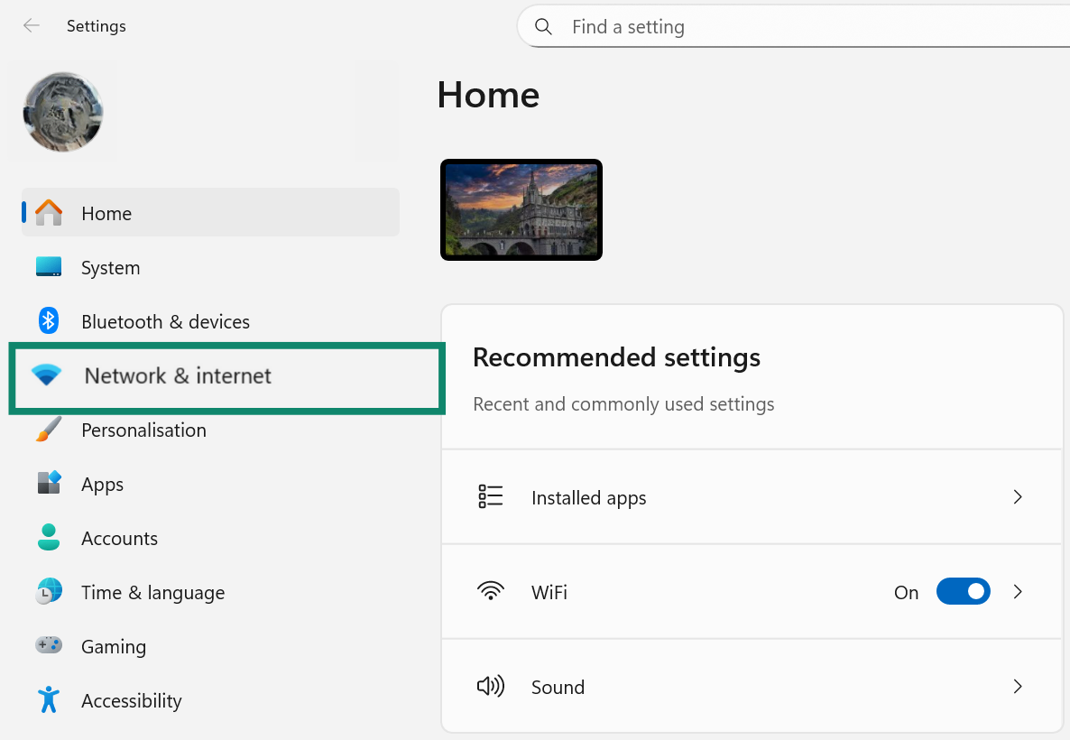 Open settings and find Network & Internet.