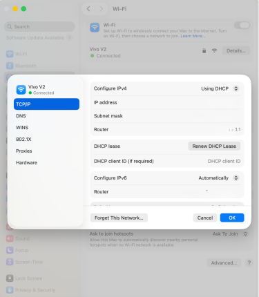 TCP/IP settings on macOS showing details such as the private IP address of the device