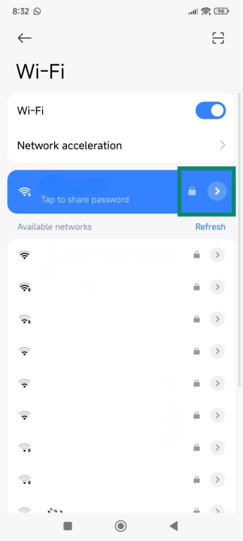The Wi-Fi windows on Android, highlighting the button that takes you to more Wi-Fi options for the current connection.