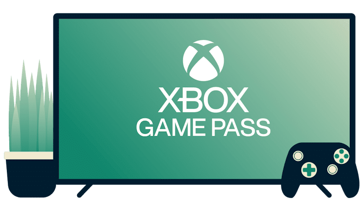 Scherm met Xbox Game Pass logo, controller en plant
