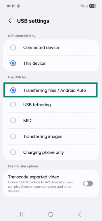 The "USB settings" page on an Android phone. The "Transferring files / Android Auto" option is highlighted and enabled.