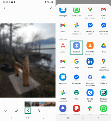 Two Android screenshots side by side. The first one shows a gallery photo, and the share icon for it is highlighted. The second image shows the sharing options for the photo, and the "Bluetooth" icon is highlighted.