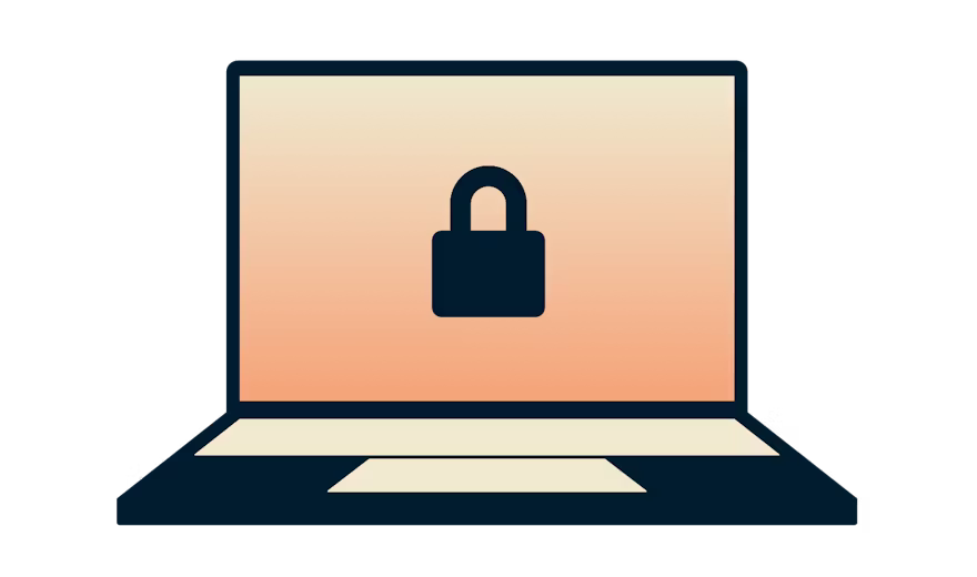 Bærbar PC med hengelås på oransje bakgrunn.