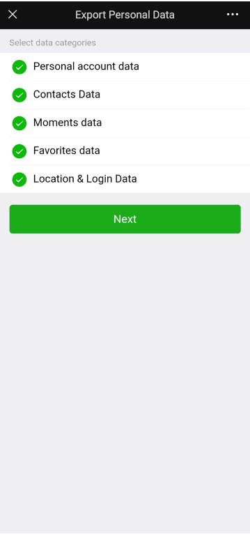 Choosing what personal WeChat data to export.