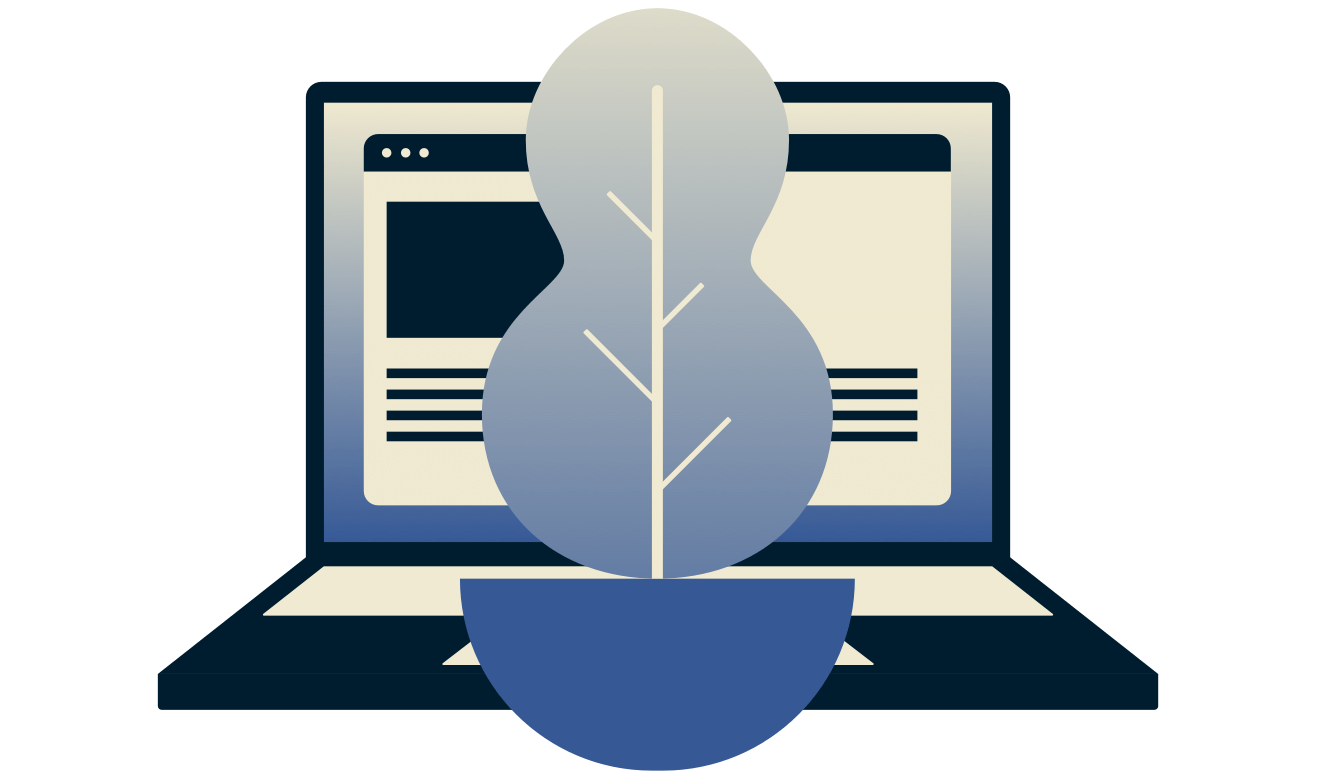 Un ordinateur portable utilisant ExpressVPN partiellement caché par une plante