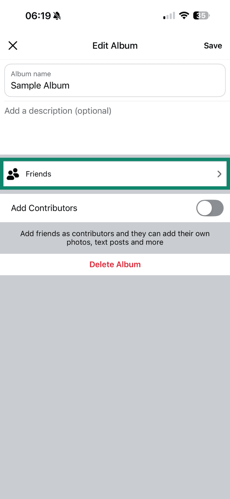 The Friends option highlighted in the Edit Album menu on Facebook mobile.