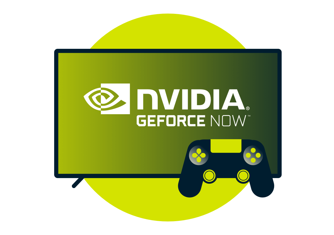 Nvidia GeForce Now logga på en skärm med en kontroll.