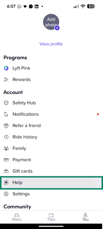 Help button in the Lyft app Profile menu.