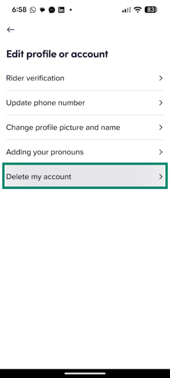 Delete my account option in the Lyft app for Android.