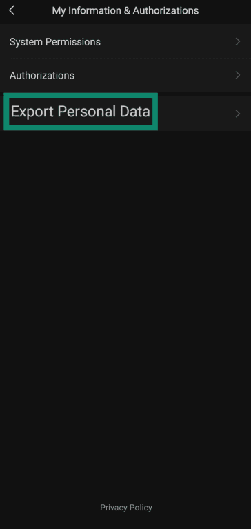 Accessing the Personal Data Export menu in WeChat's settings.