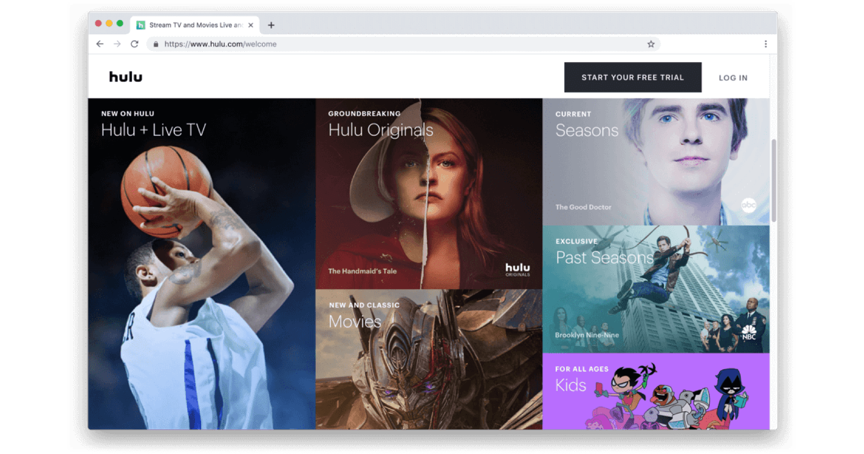 Ekran powitalny Hulu z miniaturkami programów. 