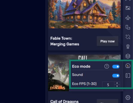 The BlueStacks Eco Mode setting is open, with the option to turn on or off the sound and select the FPS.