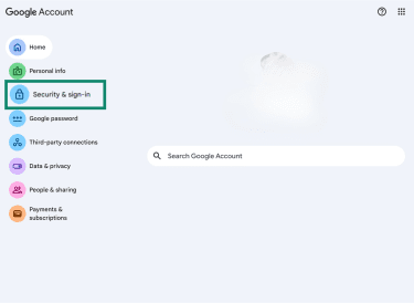 On the Google account page, the Security and Sign in option is selected.